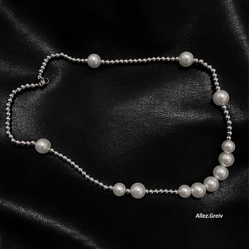 Vòng cổ thép titan phối ngọc trai phong cách hiphop đường phố