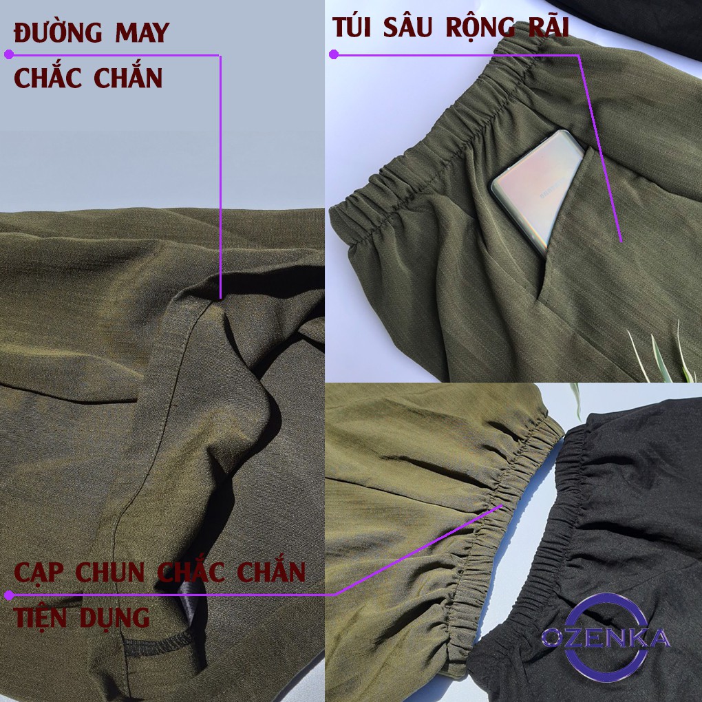 Quần short đũi  nữ ống rộng cạp chun túi thật , quần đùi đũi big size chất đẹp giá rẻ màu đen ghi da OZENKA | BigBuy360 - bigbuy360.vn