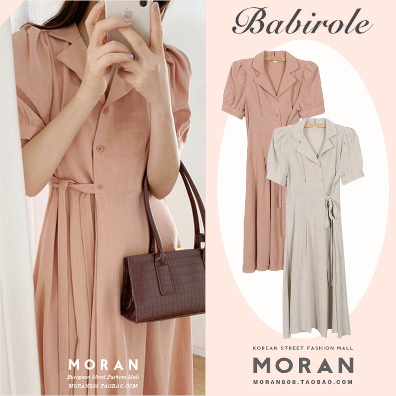 (ORDER-sẵn Ghi,M) Váy MORAN cổ bẻ tay phồng thiết kế độc đáo xếp ly 1 bên thắt nơ sang trọng Hàn Quốc