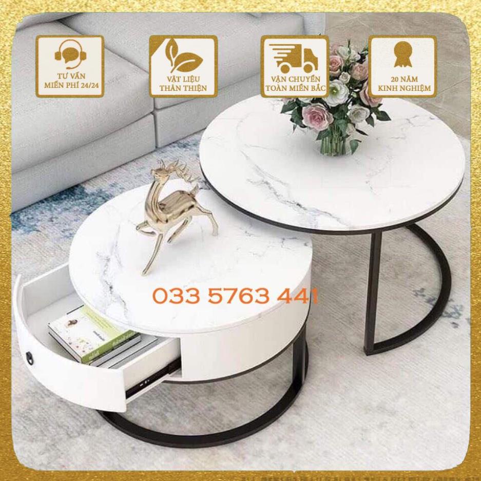 Bàn trà có ngăn kéo tiện lợi mặt đá vân nét đẹp sang trọng, chân kim loại sơn tĩnh điện