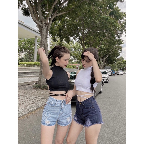 (Hình thật)Áo croptop cổ lọ hở lưng cột dây sexy cá tính Yn