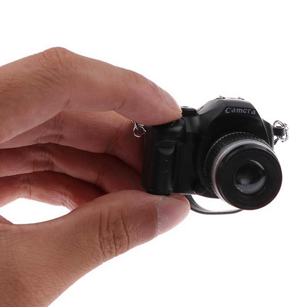 Mô hình máy ảnh thu nhỏ với âm thanh và đèn flash có dây đeo màu đen cho nhà búp bê tỷ lệ 1:12