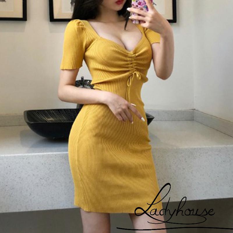 Đầm Ngắn Ôm Dáng Tay Ngắn Cổ Chữ V Màu Sắc Trơn Có Dây Rút Dành Cho Nữ