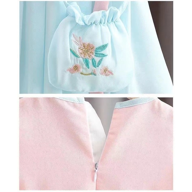 Spot Girls Váy Hanfu cho trẻ em Mùa hè mỏng tay ngắn Tang Phù hợp với phong cách Trung Quốc Siêu cổ tích Váy cổ yếm Cô gái nhỏ Váy voan công chúa 90-150 Yards