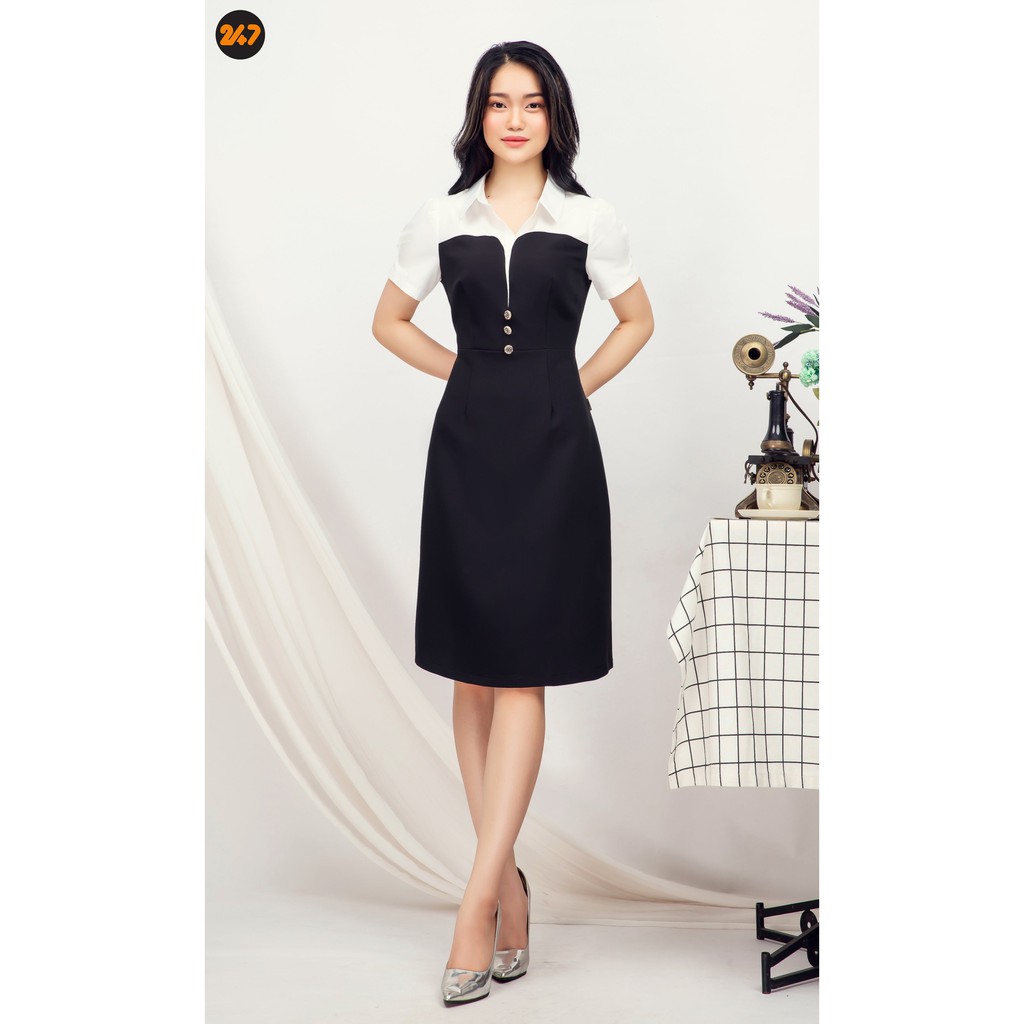 [Mã SKAMSALEP6 giảm 10% tối đa 100K đơn 150K] Đầm nữ công sở xòe kiểu dáng phối màu cổ sơ mi thanh lịch | BigBuy360 - bigbuy360.vn