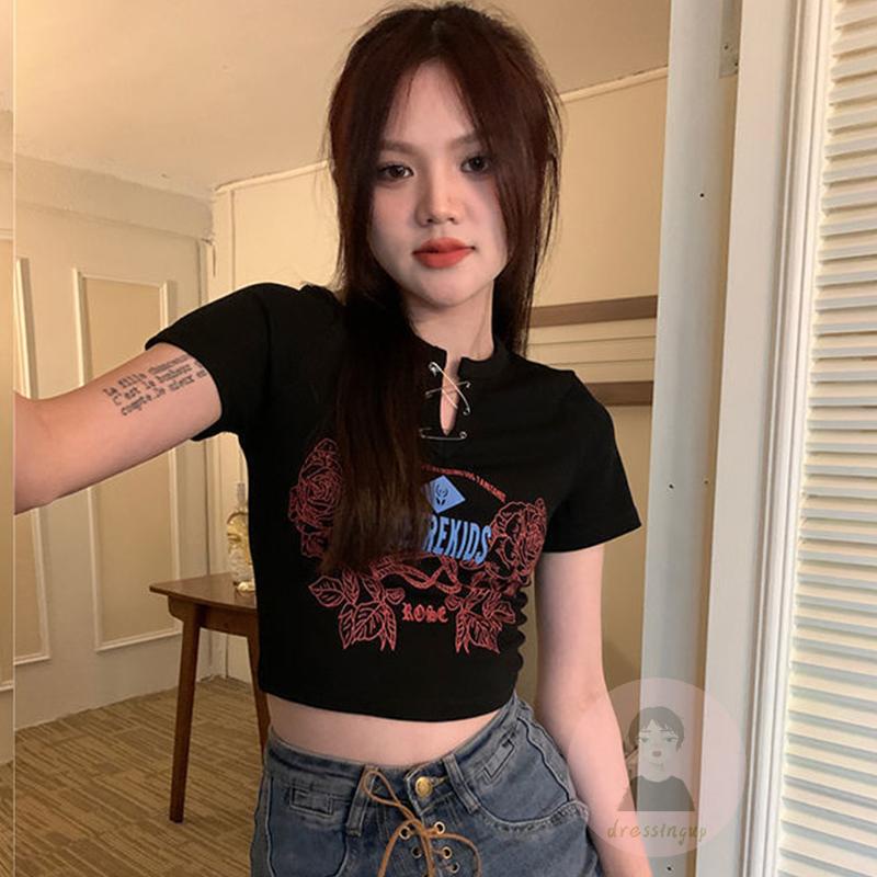 Áo Thun Nữ Ngắn Tay Họa Tiết Hoa Thời Trang Mùa Hè Màu Đen/Trắng