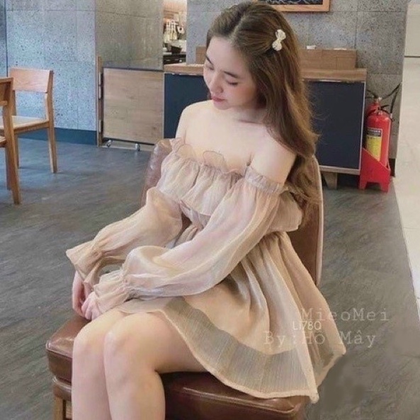 Đầm kiểu nữ bệt vai chất vải voan kiếng 2 lớp FreeSize dưới 54kg, Form trễ hở tay - Bảo An Shop hot