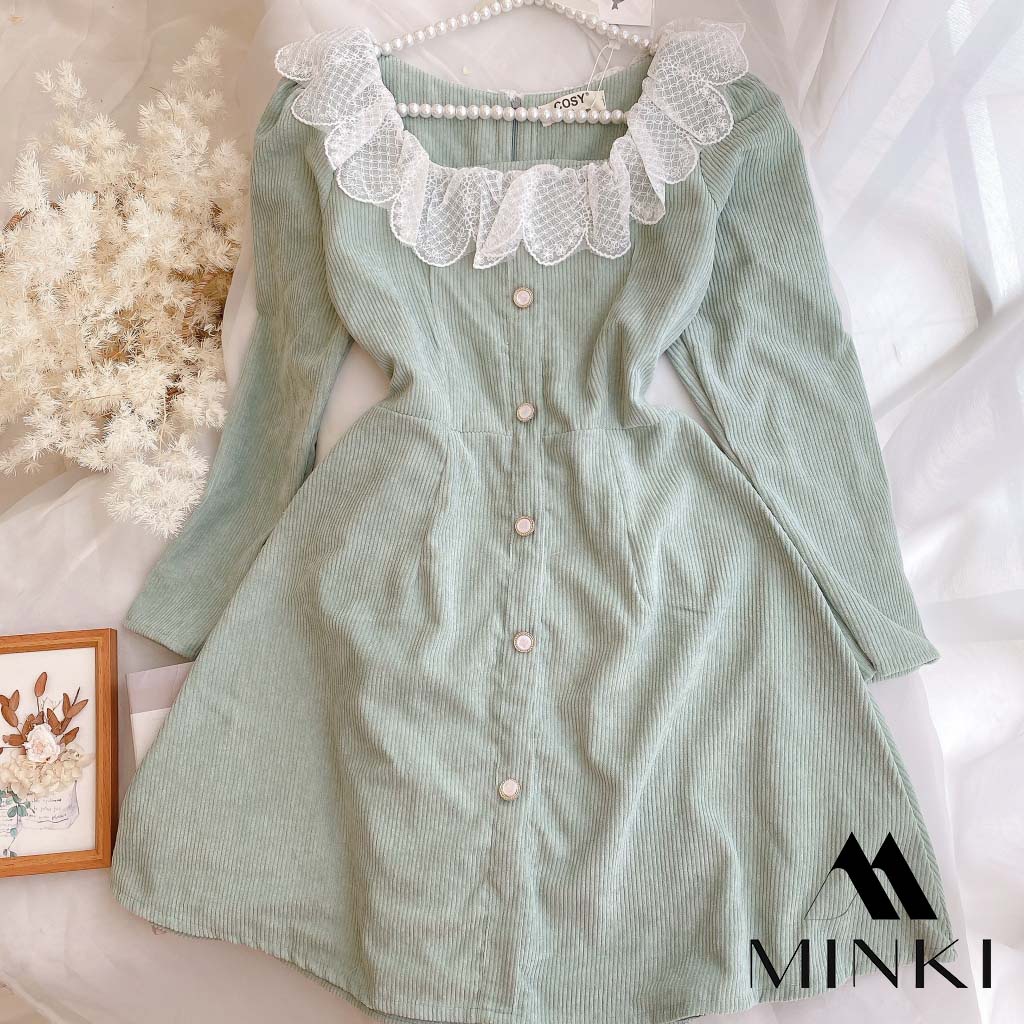 ĐẦM NHUNG GÂN 3 MÀU CỔ REN TRẮNG - CHẤT LIỆU CAO CẤP - MÀU HỒNG / NÂU / XANH | BigBuy360 - bigbuy360.vn