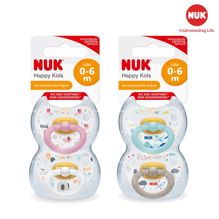 Ti giả cho bé chống vẩu chỉnh nha NUK Happykids ty giả cao su mềm dẻo bộ 2 cái 0-6-18 tháng Homedy Kids TGNUK02