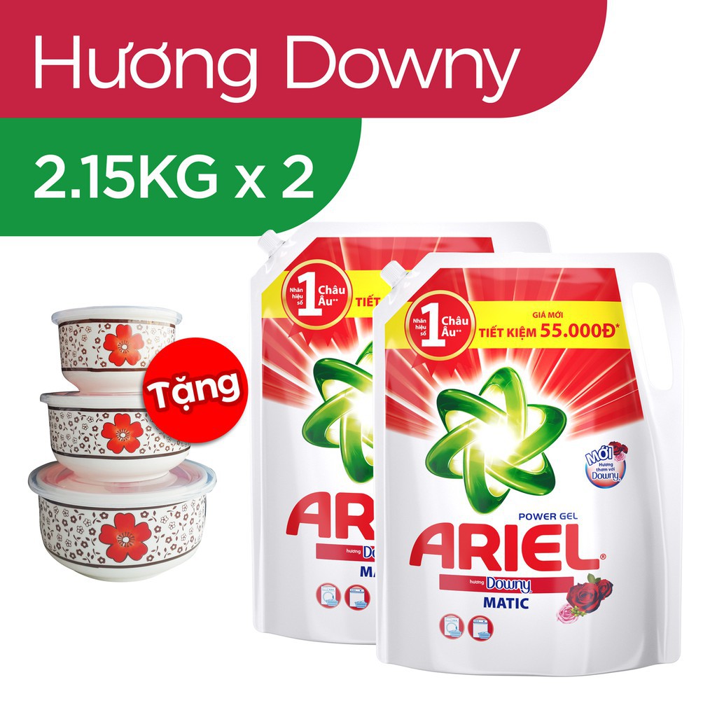 Combo 2 Túi Nước Giặt Ariel Matic Hương Downy 2.15kg tặng bộ 3 thố sứ