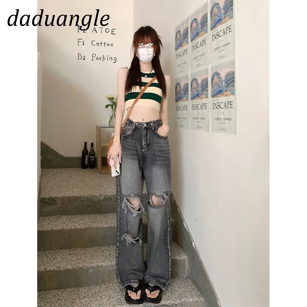 Quần jean Daduhey lưng cao ống rộng kiểu rách thời trang ins retro Mỹ cho nữ