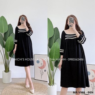 Váy suông thun cotton tay lỡ cổ vuông phối ren, dáng đầm xuông rộng freesize - Michi's House