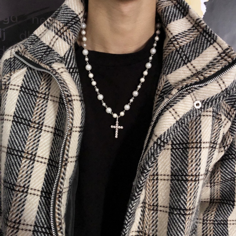 Vòng cổ Chuỗi Hạt Ngọc Trai Mặt Thánh Giá Đính Đá Pha Lê Phong Cách Hip Hop Cho Nam Và Nữ