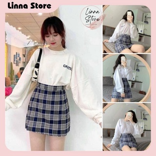 Bộ Chân Váy Kẻ Áo Thun CAUTIO 🦋 Set Váy Kẻ Caro Kèm Áo Phông Dài Tay 🦋