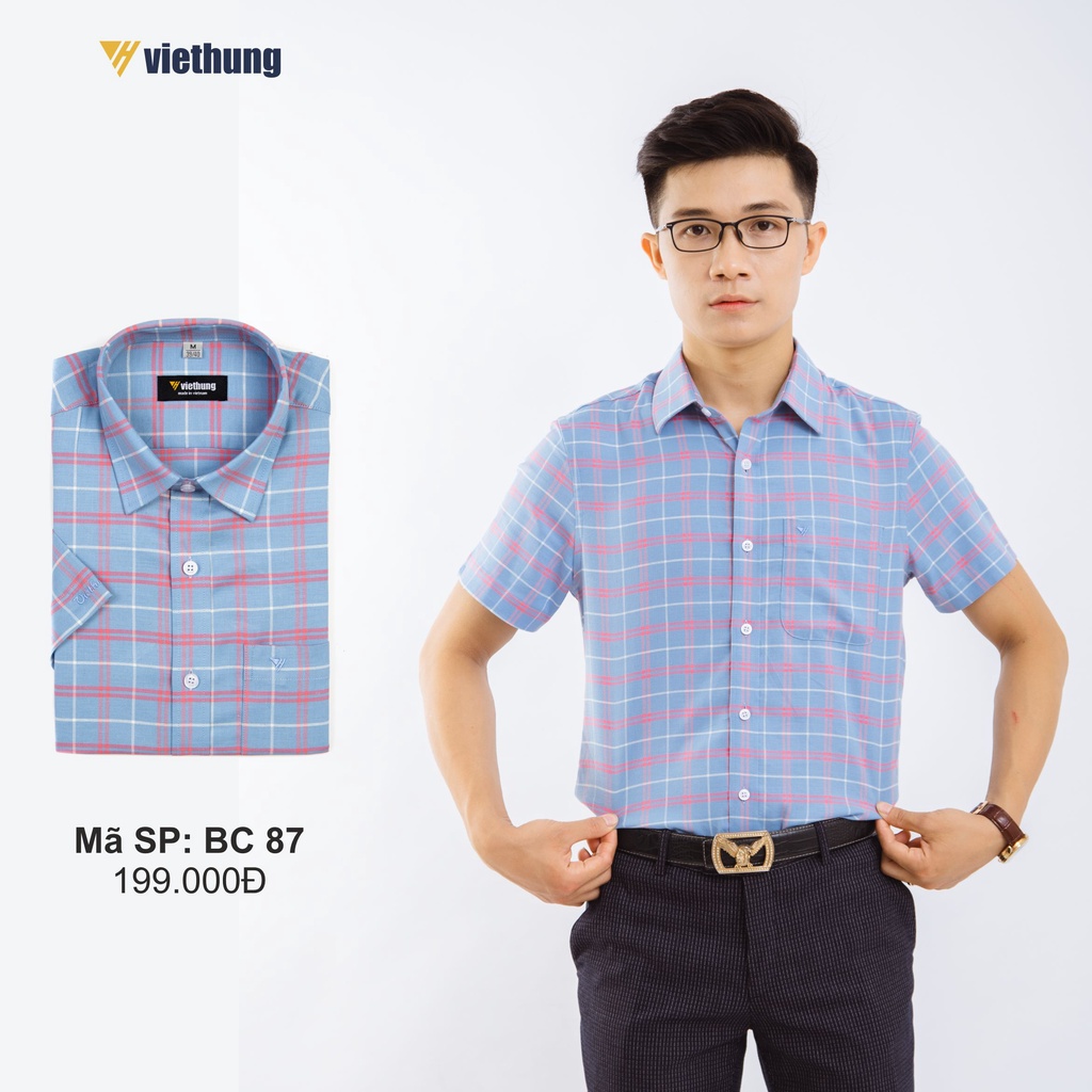 Áo Sơ Mi Nam Công Sở Thương Hiệu Việt Hưng Họa Tiết Caro Xanh Đỏ Ngắn Tay Vải Cotton - BC87