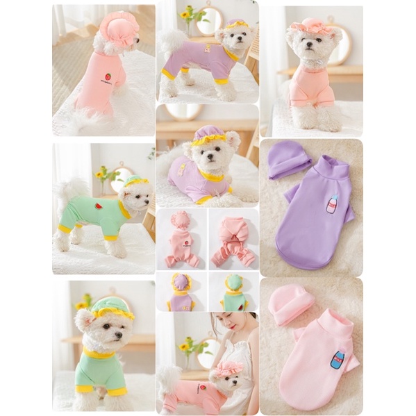 Bộ liền quần / áo thun trơn đủ size kèm nón Chó mèo