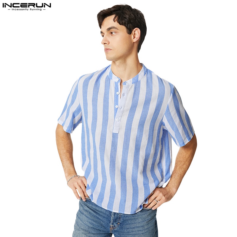 Áo sơ mi INCERUN ngắn tay họa tiết kẻ sọc đính nút 3 màu tùy chọn thời trang cho nam