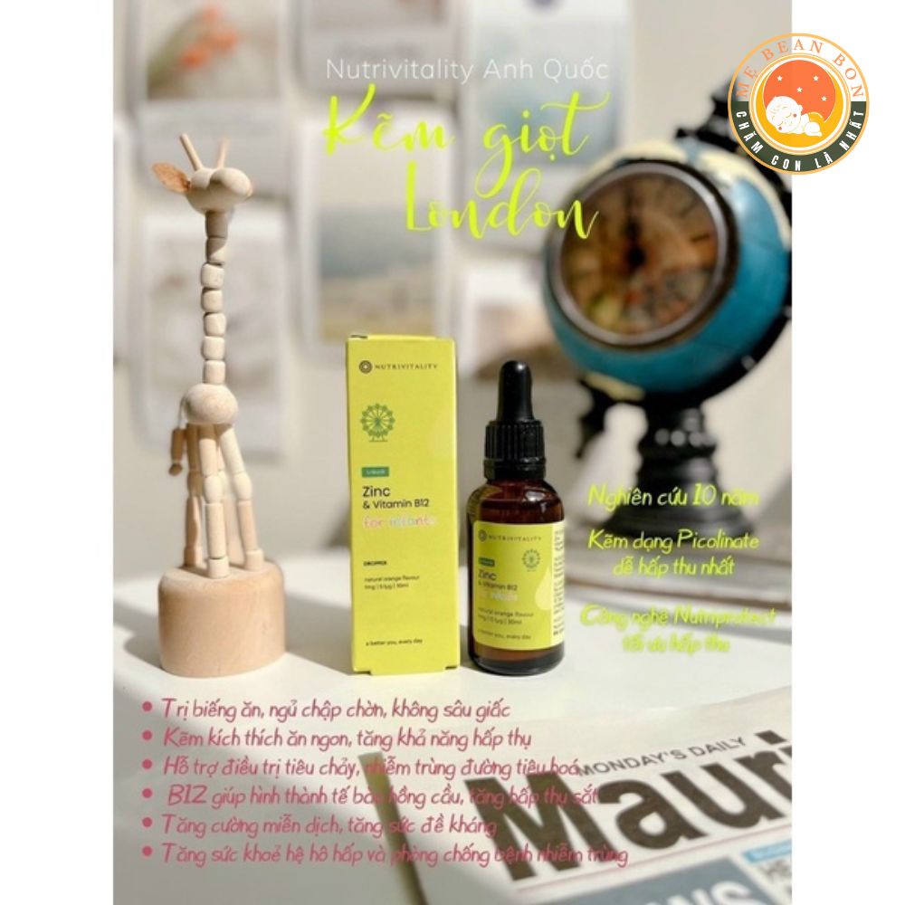 Kẽm giọt hữu cơ ZinC và vitamin B12 Nutrivitality UK 30ml Cho trẻ từ sơ sinh hay biếng ăn hỗ trợ hệ miễn dịch - mẹ bean