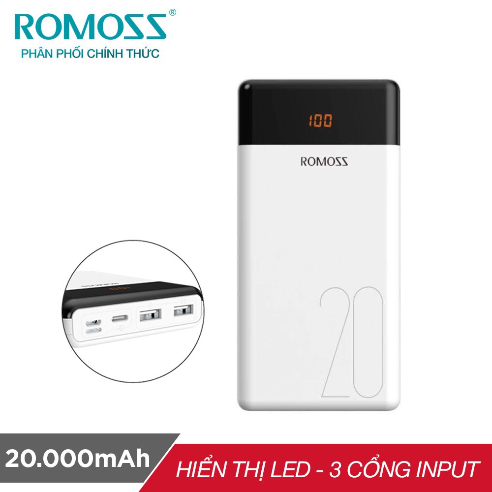 Pin Sạc Dự Phòng Romoss 20.000mah LT20 lõi Polymer Màn Hình Led, 3 Cổng Sạc Vào