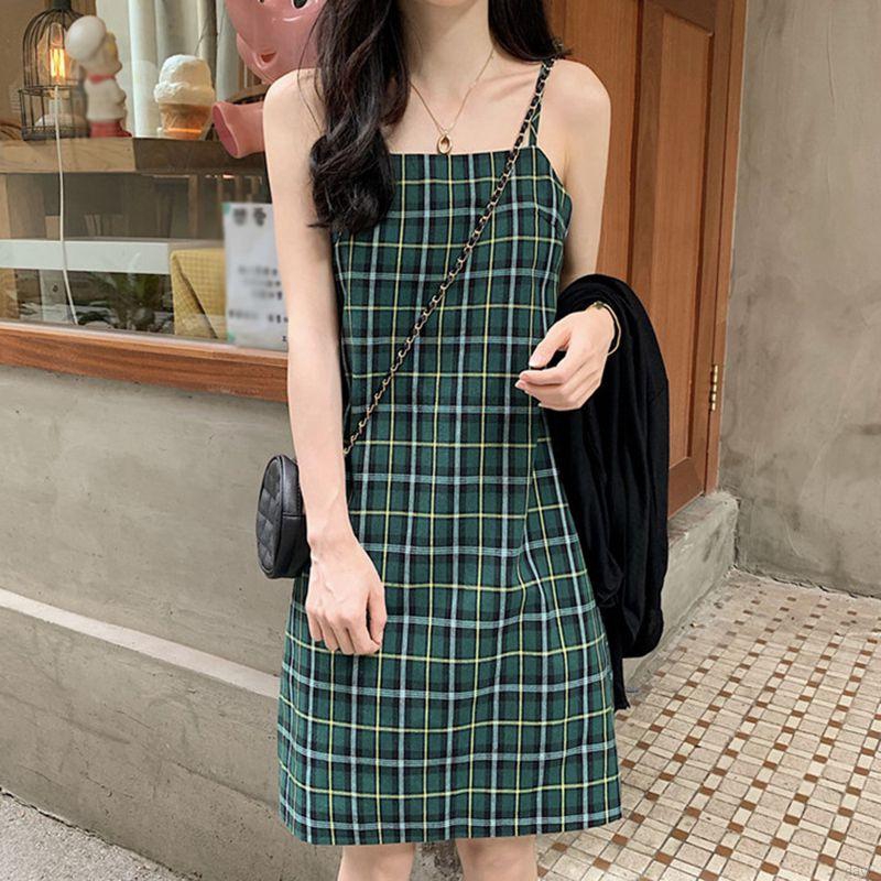 Đầm Nữ Hai Dây Ôm Dáng Họa Tiết Caro Phong Cách Hàn Quốc