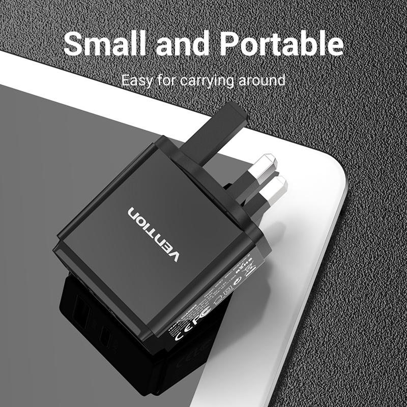 Củ Sạc Gắn Tường Vention Chuẩn Phích Cắm Uk Hai Cổng Usb Qc 3.0 / Pd 3.0 Sạc Usb 18w / 20w