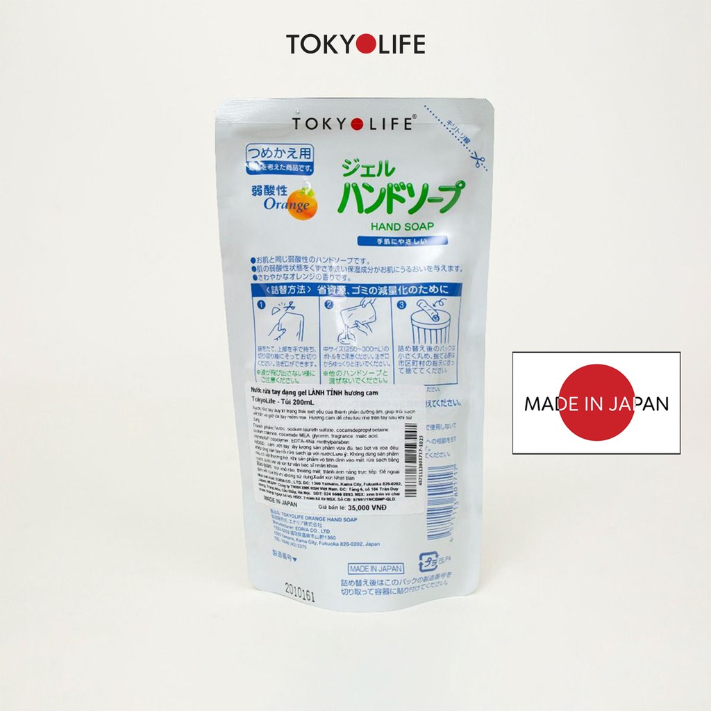Nước rửa tay lành tính TOKYOLIFE dạng gel hương cam- Túi 200ml 4571113801717-1123
