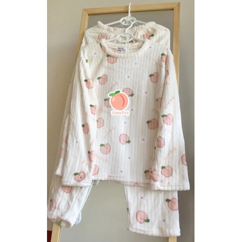 Bộ Đồ Ngủ Pijama Giữ Ấm Quả Đào Vải Lông Mềm Mại Tay Dài Quần Dài Xinh Xỉu