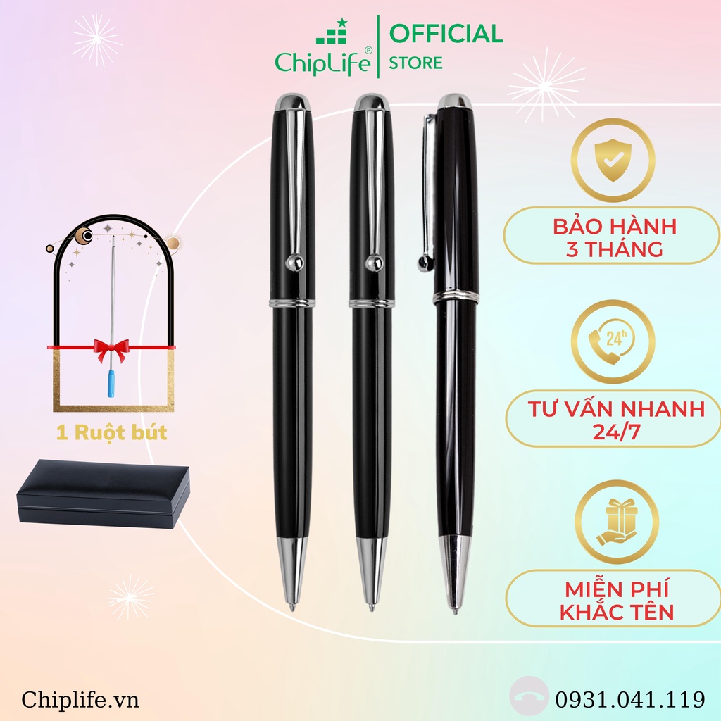 Bút ký doanh nhân cao cấp cài bi CHIPLFE BX008 khắc tên - Đen viền bạc ngòi 0.7mm mực xanh