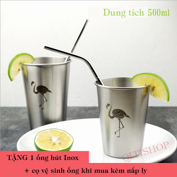 Ly Inox 304 In Hình, Ly Nước Có Nắp (Tặng 1 Ống Hút Inox + Cọ Vệ Sinh Ống) - QA