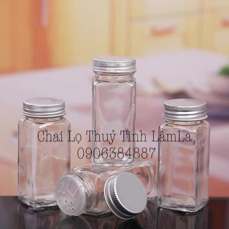 Lọ Thuỷ Tinh Vuông Đựng Gia Vị Nắp Nhôm 120ML