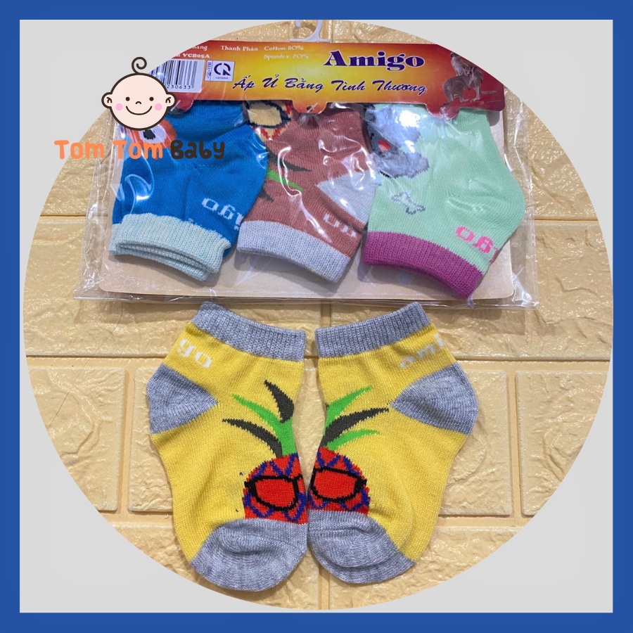 SET BỘ 3 ĐÔI Tất Sơ Sinh Ánh MinhVớ Sơ sinh  AMIGO sơ sinh - 9 tháng| chất vải mềm mại, co giãn tốt, ấm chân bé