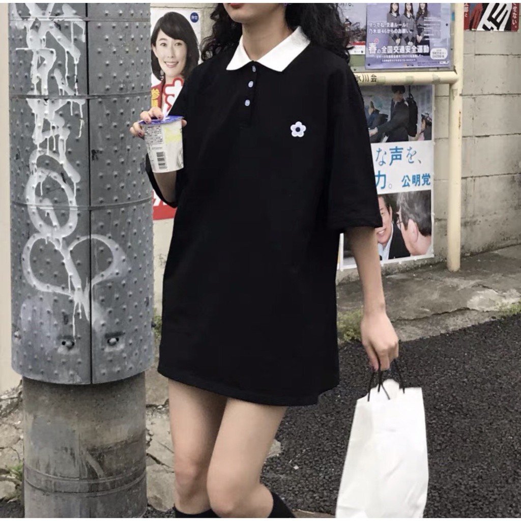 ÁO THUN POLO THÊU BÔNG HOA ĐEN TÍM UNISEX