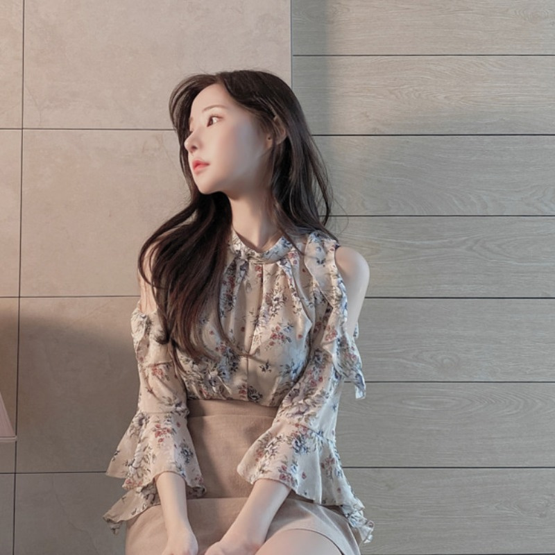 Áo Hoa Tay Loe 168550 Áo Chiffon Trễ Vai Dáng Rộng Phong Cách Phương Tây Thời Trang Cho Nữ