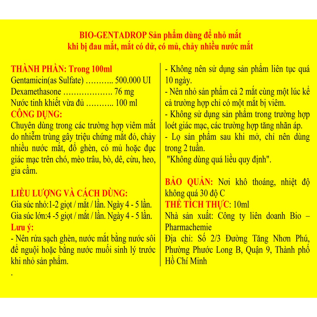 BIO-GENTADROP 10ml Dùng cho gia súc, gia cầm, chó, mèo