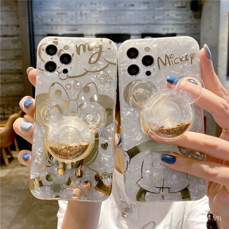 Ốp điện thoại họa tiết Mickey Minnie phối cát kim tuyến màu đồng thích hợp cho iPhone 13 SE2 7 8P X/XSMAX Xr 11 12Pro