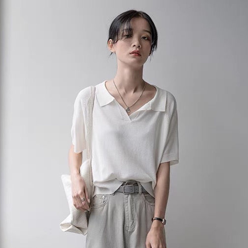 IELGY Áo polo Dệt Kim Mỏng Tay Ngắn Thời Trang Mùa Hè Cho Nữ