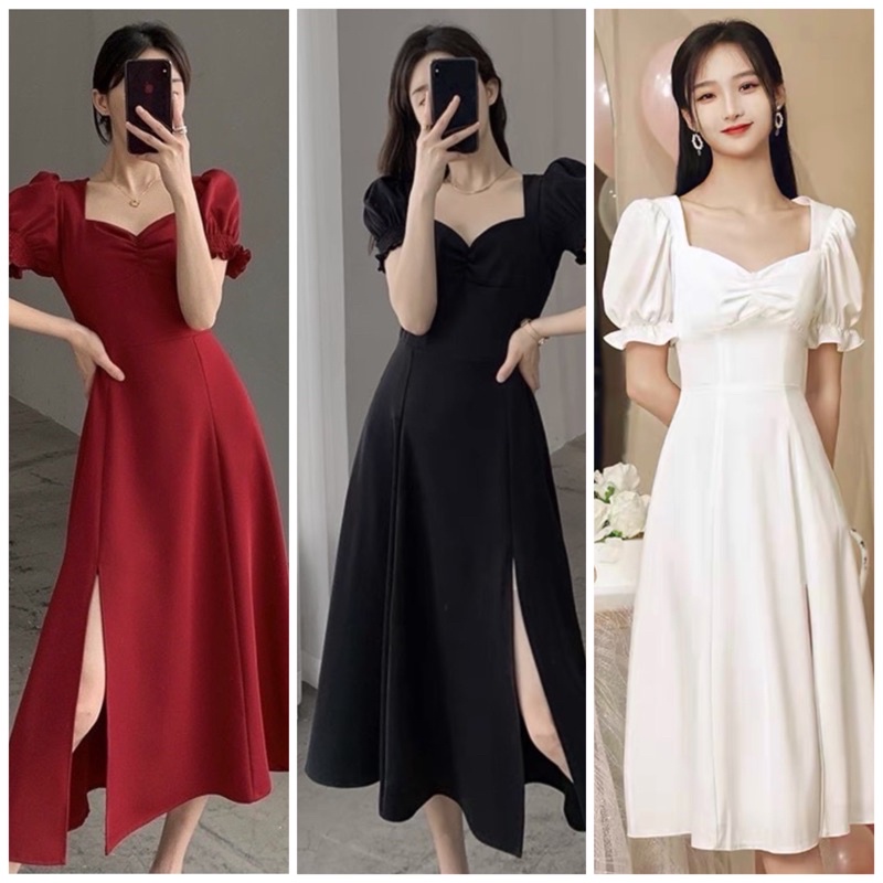 Đầm váy midi nhúng ngực xẻ tà 3 màu xuongvnxk vnxk váy noel, váy tiệc, váy tết (kèm hình thật)