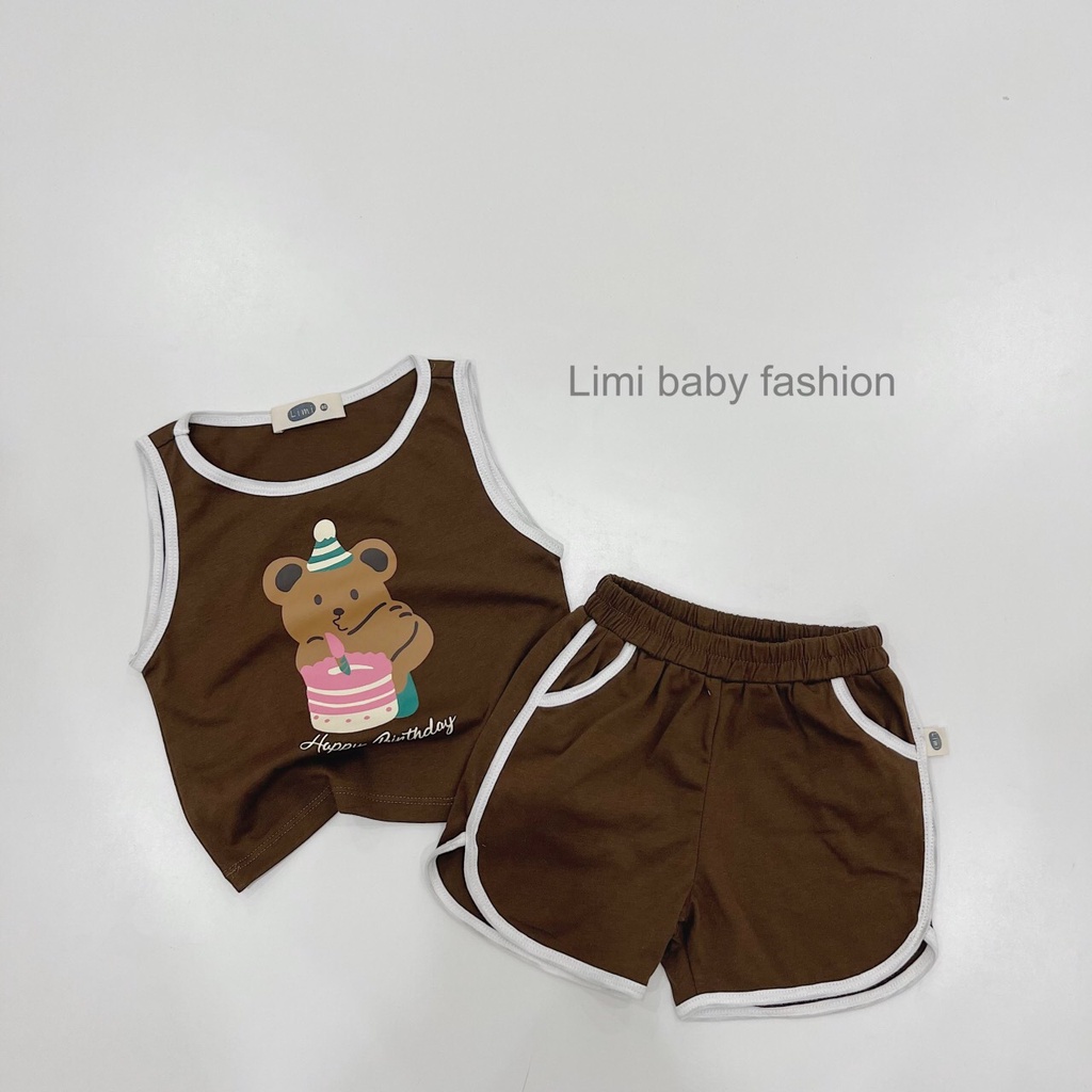 Bộ ba lỗ bé trai hoạ tiết gấu dễ thương, áo khoét nách mát mẻ cho bé, bộ không tay cho bé