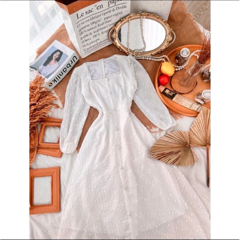 Đầm dự tiệc trắng cỗ vuông tay phồng dáng dài (Hàng có sẵn) | BigBuy360 - bigbuy360.vn