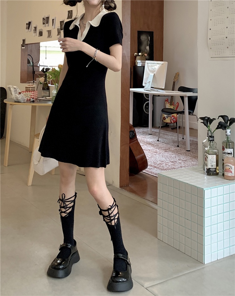 Đầm Dệt Kim Màu Đen Cổ POLO Phong Cách Hàn Quốc Thời Trang Mùa Hè 54268