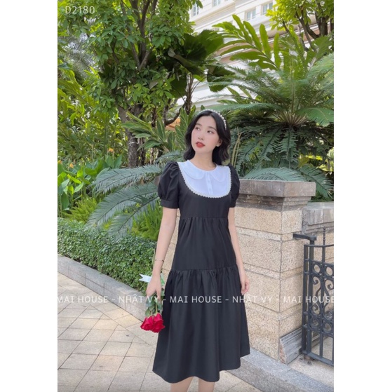 Đầm Công Sở NHẬT VY Cổ Tròn Phối Ren Tay Phồng Chất Lụa Dáng Suông Tầng Màu Hồng, Đen, Xanh - D2180
