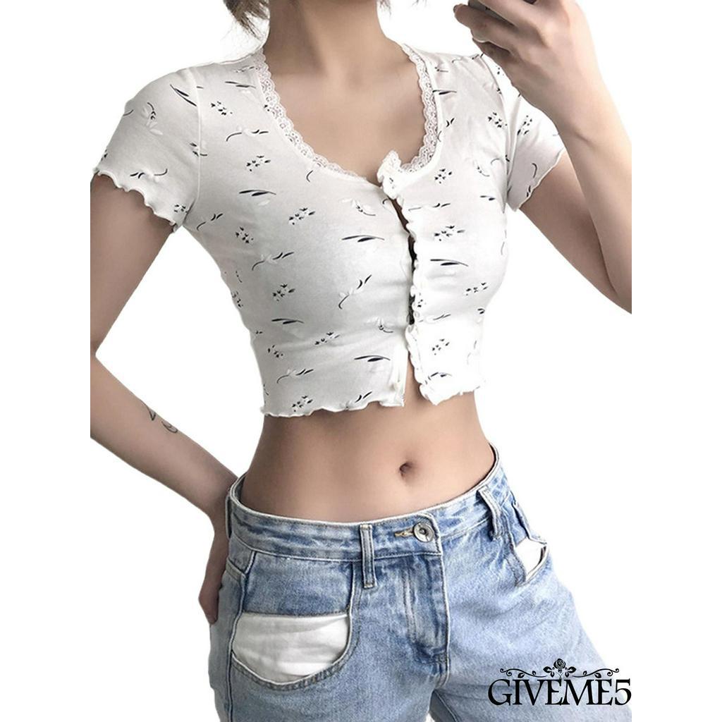 Áo thun hở rốn tay ngắn cổ tròn thời trang nữ xinh xắn