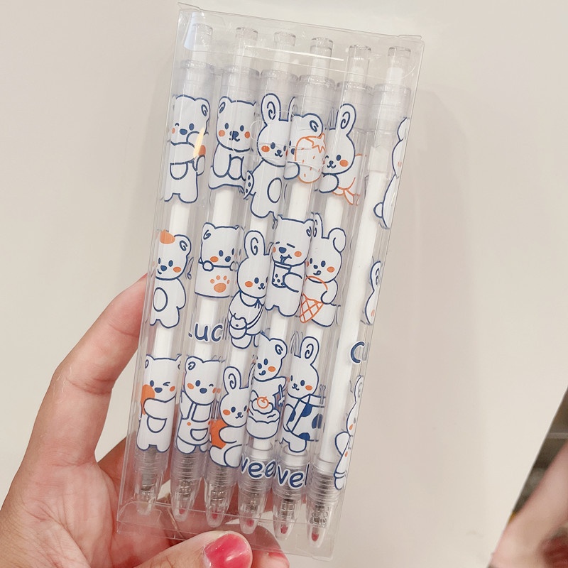 Bộ 6 Bút Mực Gel Ngòi 0.5Mm Hình Thỏ Trắng Dễ Thương Cho Học Sinh