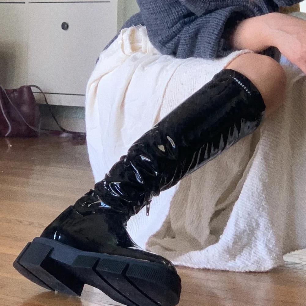 Giày Bốt Da Bóng Za2021 Co Giãn Tốt Đế Bằng Phối Khóa Kéo Bên Hông Thời Trang Mùa Thu Cá Tính