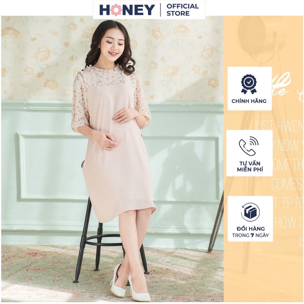 Váy bầu công sở kiểu dáng suông tay lỡ phối cổ bèo voan lụa, 1 lớp - Thời trang đầm bầu cao cấp HONEY