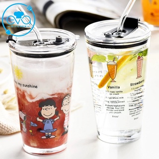 Cốc thuỷ tinh / ly thuỷ tinh uống nước in hình dễ thương có nắp đậy và ống hút thuỷ tinh cao cấp m2682