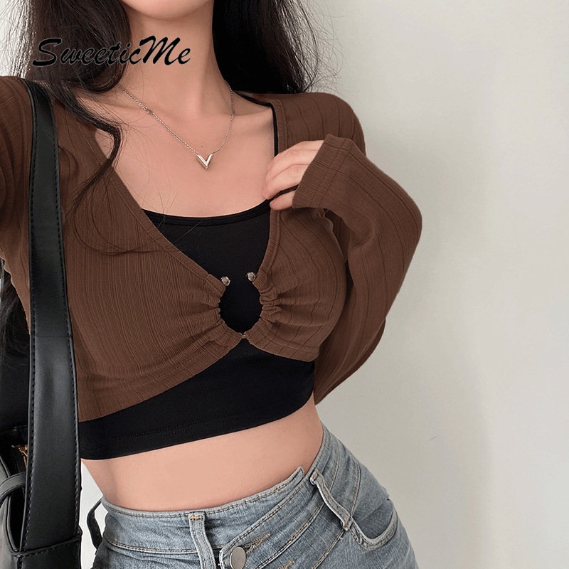 Áo Thun Tay Dài Dáng Ôm Cổ Chữ V Màu Tương Phản Thời Trang Dành Cho Bạn Nữ