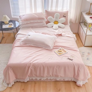 Bộ ga gối chăn trần phi lụa viền bèo 4 món