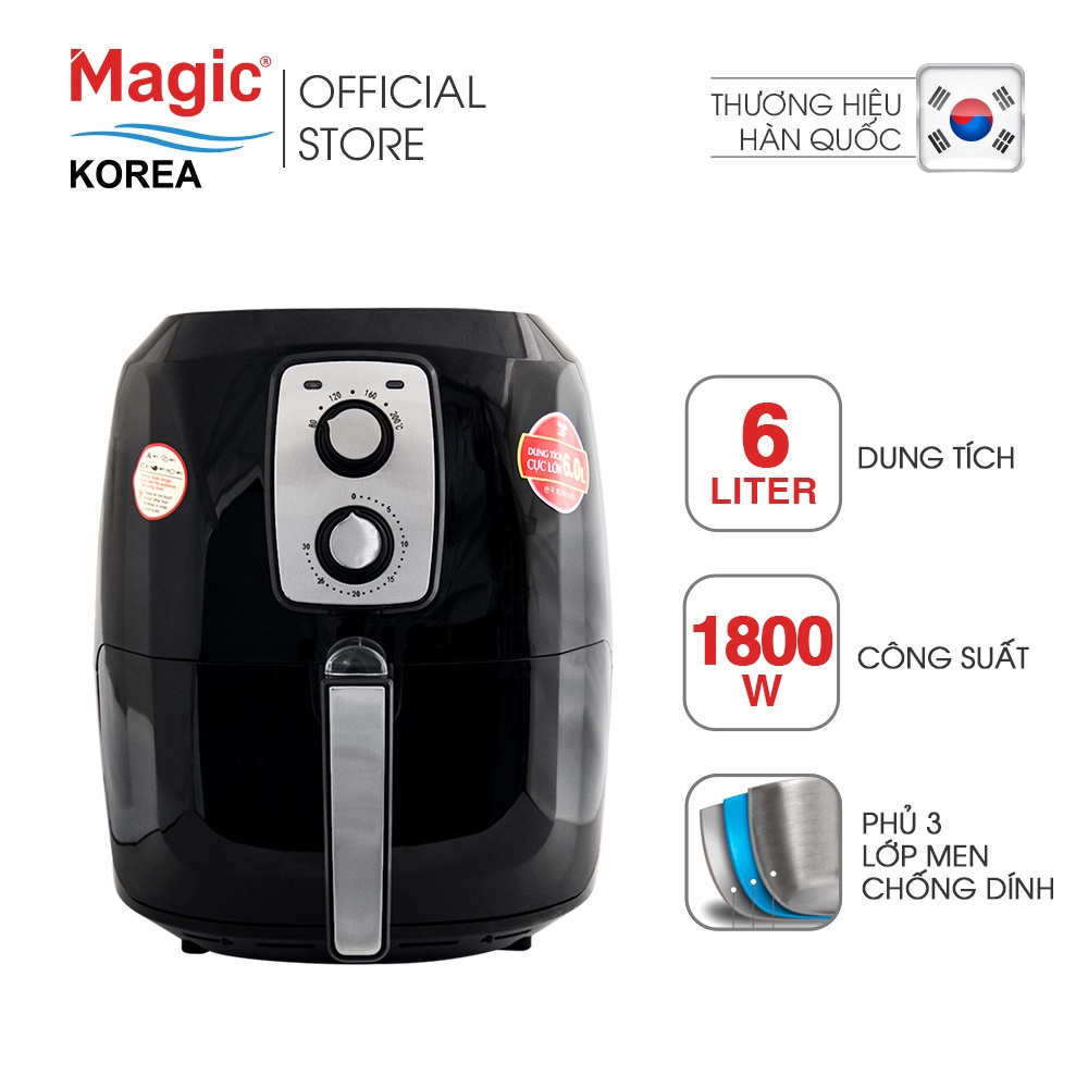 Nồi chiên không dầu Magic Korea A-83 Đen 6L cho gia đình 6-8 người,chiên nướng nguyên một con gà 1.8kg, BH chính hãng