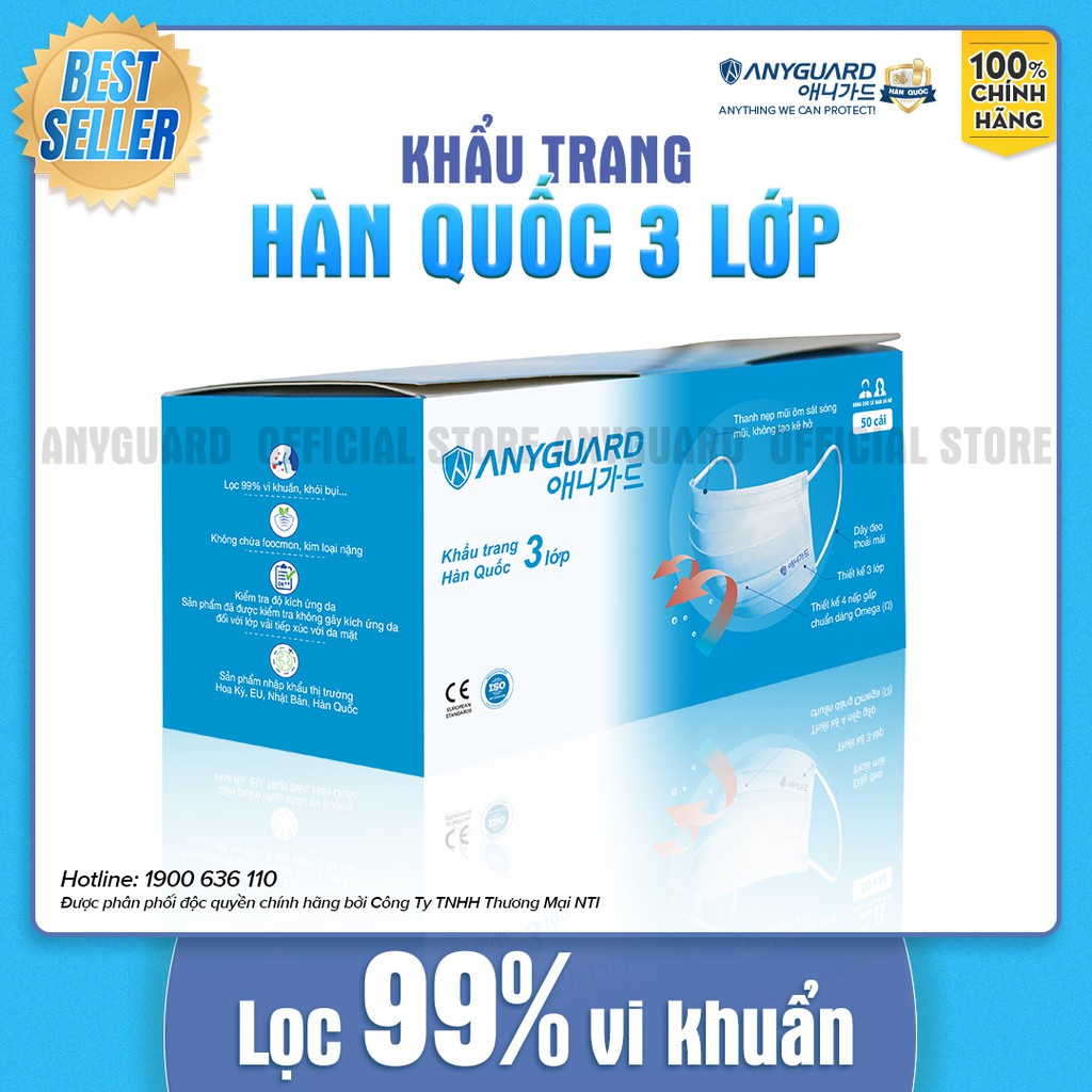 Khẩu Trang ANYGUARD Hàn Quốc 3 Lớp Chính Hãng - Lọc 99% Vi Khuẩn - Hộp 50 Chiếc Dành Cho Người Lớn